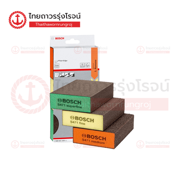 (D) BOSCH กระดาษทราย ฟองน้ำ แพค3ชิ้น เหลี่ยมหนา Flat Edge 2608621253