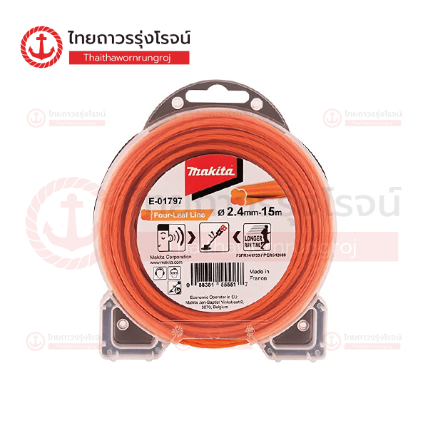 MAKITA  เอ็นตัดหญ้า ไนล่อน ลดเสียง 4แฉก สีส้ม 2.4mm 15เมตร E-01797