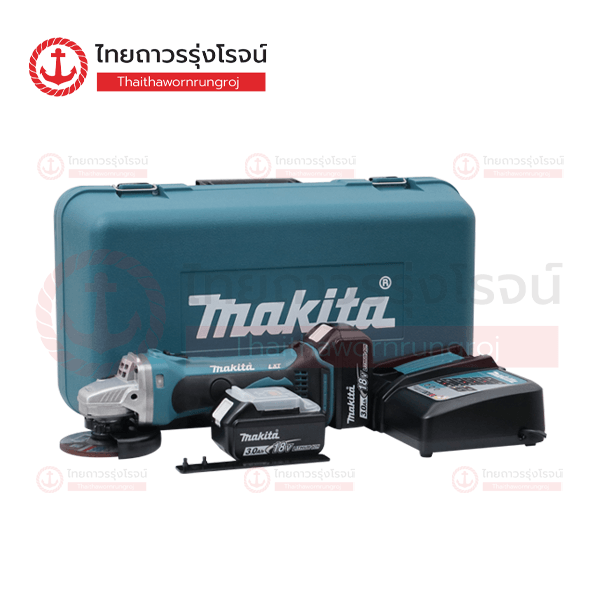 MAKITA เครื่องเจียร์ไร้สาย 4นิ้ว(100mm) 18v สวิตช์สไลด์บน สปีดเดียว C1xB2x3.0ah DC18RC DGA402RFE (ครบชุด+กล่องพลาสติก)*