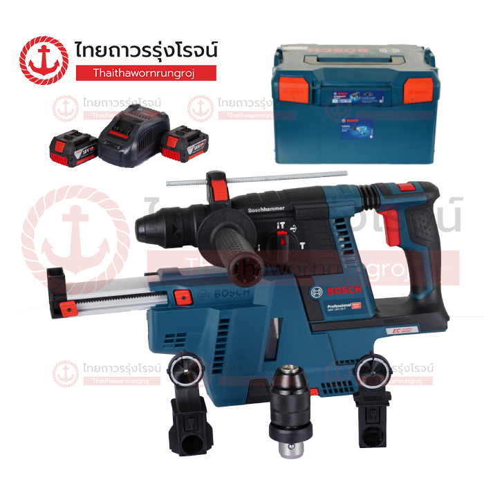 (D) BOSCH สว่านโรตารี่ไร้สาย 3ระบบ 26mm 18v GBH18V-26F 2.6J SDS-PLUS เปลี่ยนหัวได้ BLM C1xB2x6.0ah GAL1880CV 0611910004 (ครบชุด+หัวเจาะเหล็กแถม+ชุดดูดฝุ่น+L-BOXX238)*